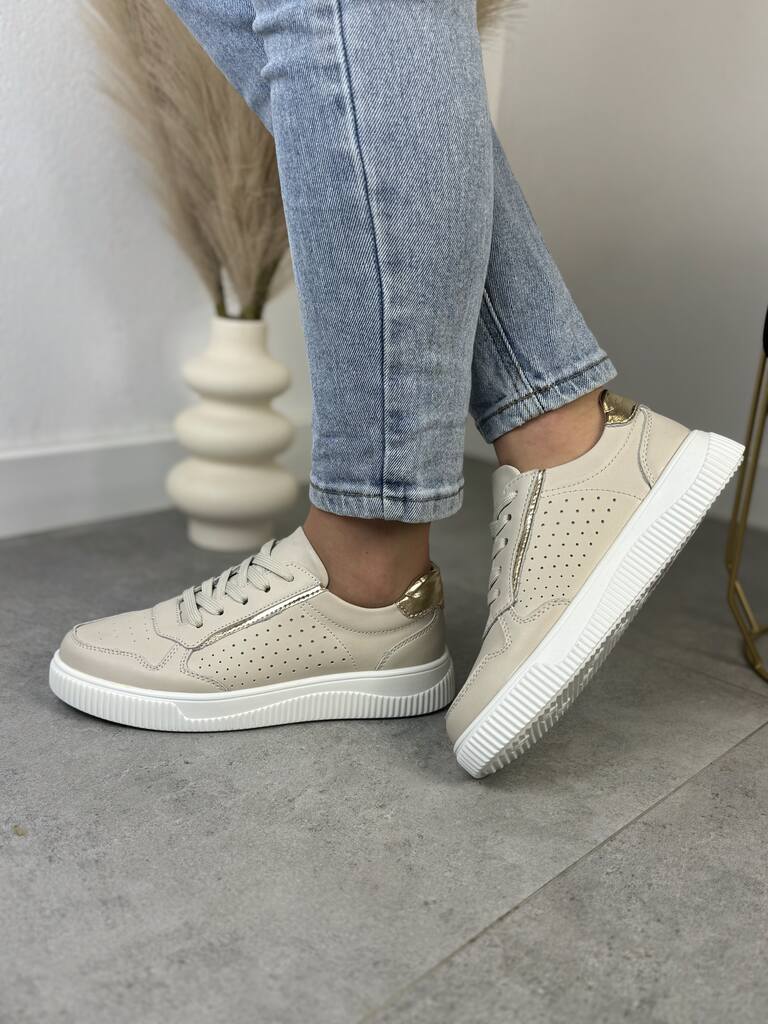 Beżowe Sneakersy Skórzane Damskie – GOODIN GD-XF-80 Beige/Gold - Na wiosnę