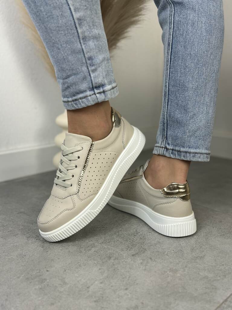 Beżowe Sneakersy Skórzane Damskie – GOODIN GD-XF-80 Beige/Gold - Styl sportowy