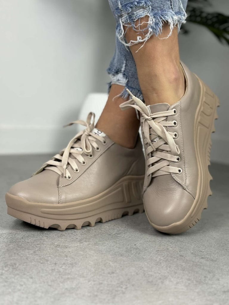 Beżowe Sneakersy Na Grubej Podeszwie – Buty Jesienne Damskie Eleganckie - Na lato