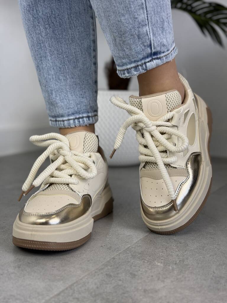 Buty sportowe na grubej podeszwie beżowe – Wygodne sneakersy damskie 7566 Beige - Styl sportowy