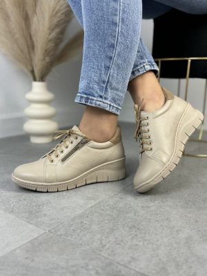 Beżowe Sneakersy Skórzane WASAK 0703- Wygodne Buty Damskie - Do spodni