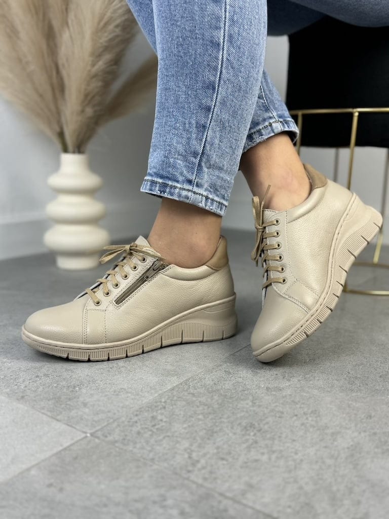 Beżowe Sneakersy Skórzane WASAK 0703- Wygodne Buty Damskie - Do spodni
