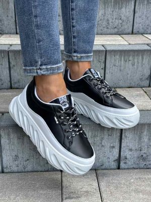 Sneakersy damskie czarne na grubej podeszwie ze skóry ekologicznej Lee Cooper 2713L - Styl casualowy