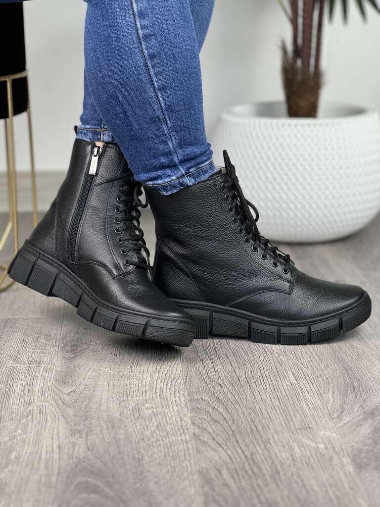 Czarne trzewiki damskie skórzane Wasak 0660 wygodne buty damskie - Styl rockowy