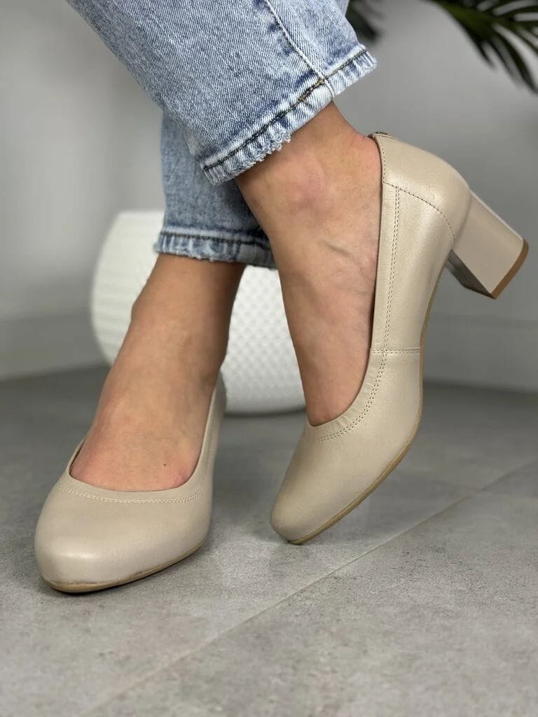 Czółenka Damskie Na Niskim Obcasie Pulso Skóra Wygodne Buty AF-1162 Beż Włoski - Na jesień