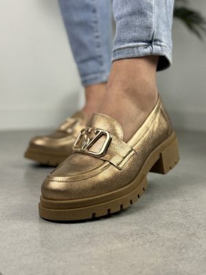 Złote Mokasyny Damskie Skórzane – Modne Buty Na Eks But