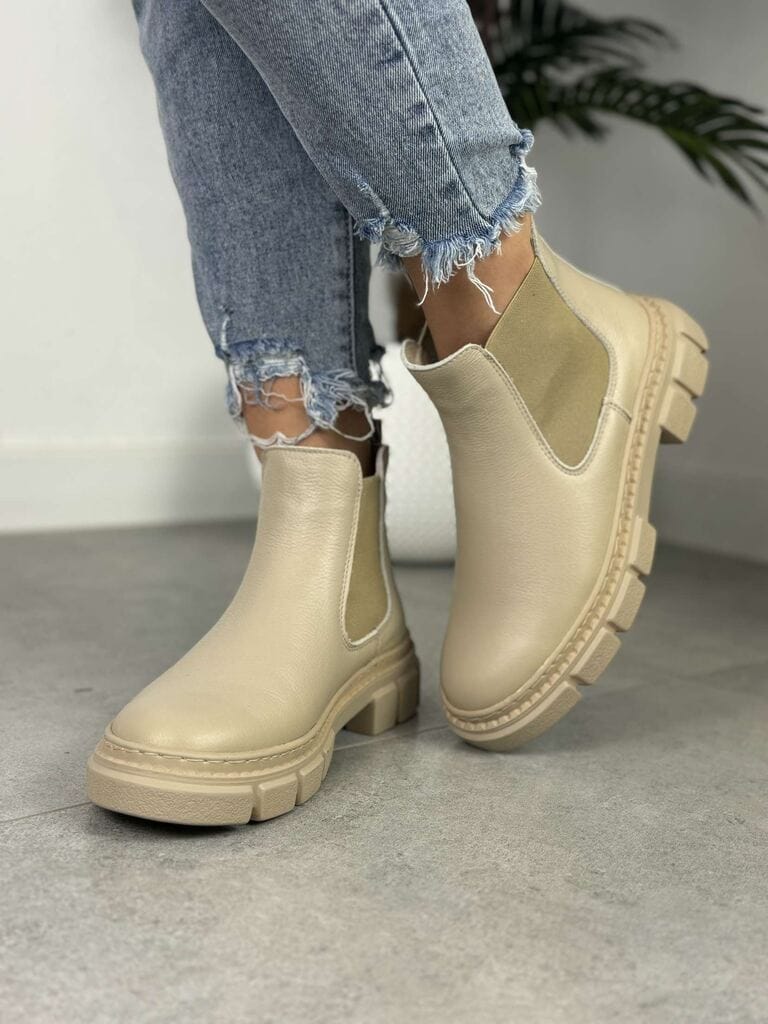 Beżowe Sztyblety Damskie – Modne Buty Damskie Wasak 0708 - Do jeansów