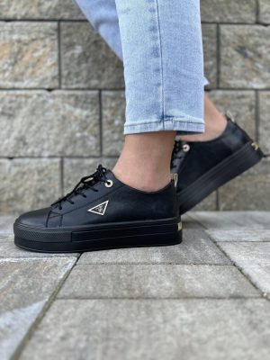Skórzane buty na platformie – Wygodne buty sportowe na grubej podeszwie czarne Filippo