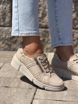 Beżowe półbuty damskie skóra WASAK 0676 – Wygodne buty - Styl sportowy