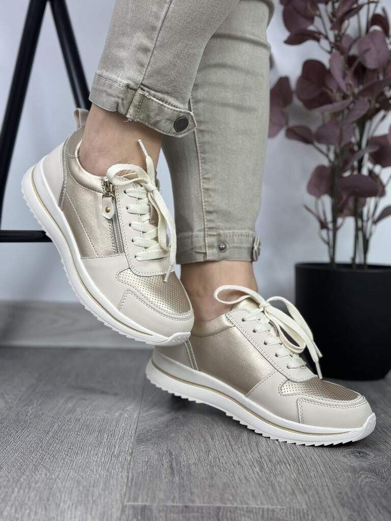 Beżowe skórzane sneakersy damskie Sergio Leone SP-116 - Do spodni