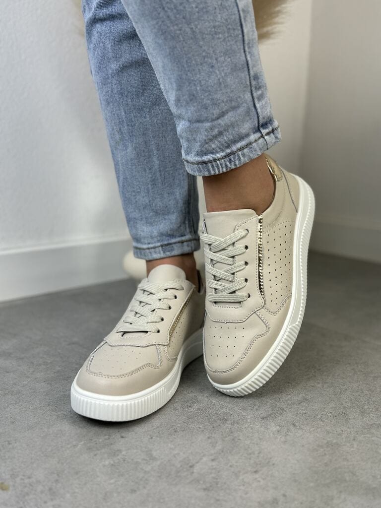Beżowe Sneakersy Skórzane Damskie – GOODIN GD-XF-80 Beige/Gold - Do spodni