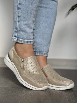 Złote skórzane ażurowe półbuty damskie T.Sokolski W24-48 - Styl miejski