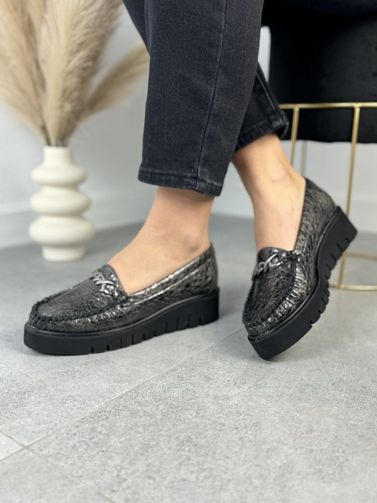 Mokasyny Damskie Skórzane PULSO AF-1022 Popiel Siyah - Styl casualowy