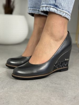 Szare Czółenka Skórzane Na Koturnie – Damskie buty Korda 1972 koturn szary