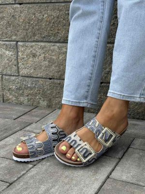 Klapki damskie z klamrami S.Barski RB51-006 beż/niebieski - Styl casualowy