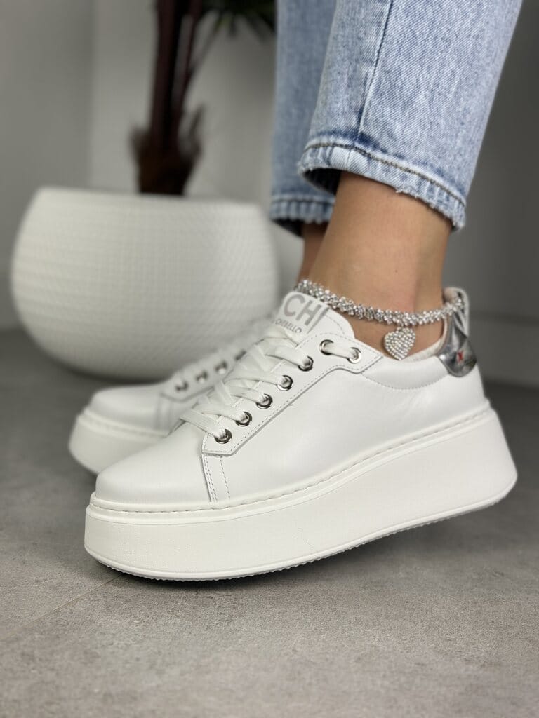 Sneakersy damskie skórzane – Modne buty na grubej podeszwie Chebello 4406 biały - Do spodni