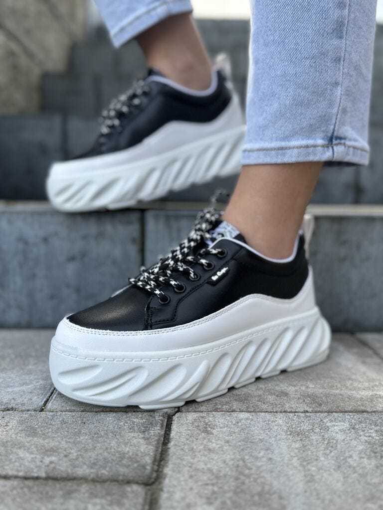 Sneakersy damskie czarne na grubej podeszwie ze skóry ekologicznej Lee Cooper 2713L - Na jesień