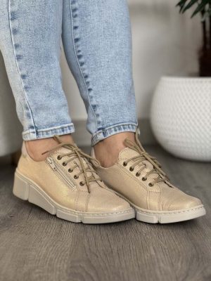 Złote skórzane półbuty damskie WASAK 0681 - Do jeansów