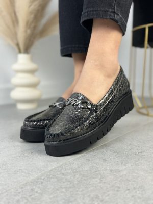 Mokasyny Damskie Skórzane PULSO AF-1022 Popiel Siyah - Na lato
