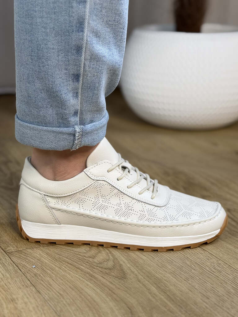 Beżowe skórzane sneakersy damskie ażurowe Sergio Leone SP-001 - Styl miejski