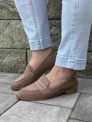 Khaki zamszowe mokasyny damskie Potocki 12585 - Styl klasyczny