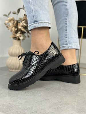 Trzewiki Lakierowane Czarne Krokodyl – Buty Damskie T.Sokolski - Styl casualowy