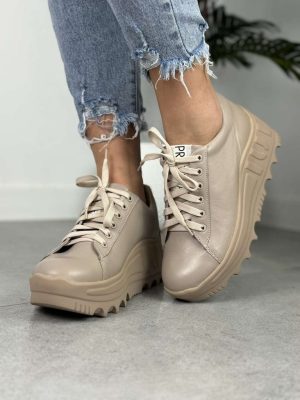 Beżowe Sneakersy Na Grubej Podeszwie – Buty Jesienne Damskie Eleganckie
