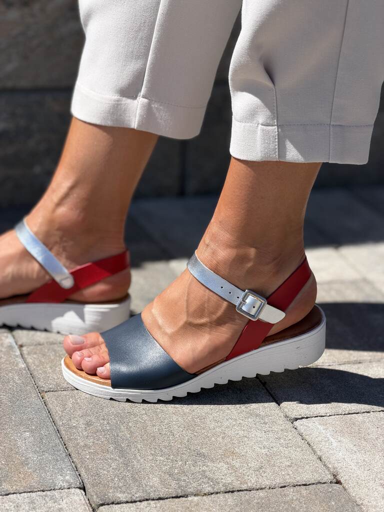 Hiszpańskie Sandały na Koturnie 4604 Red/Nav/Silver - obrazek 6