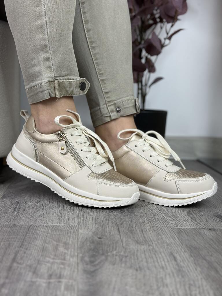 Beżowe skórzane sneakersy damskie Sergio Leone SP-116 - Styl klasyczny