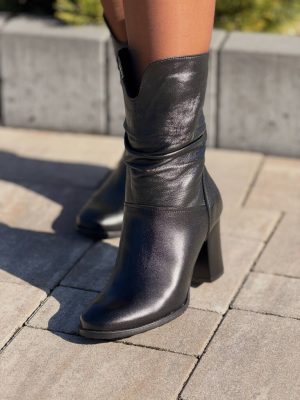 Botki Czarne Na Obcasie Damskie – Botki Na Słupku Skórzane Galant - Styl elegancki