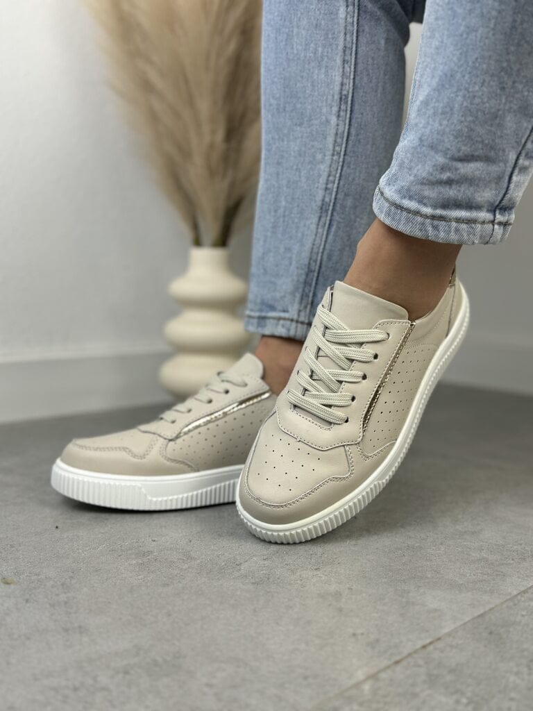 Beżowe Sneakersy Skórzane Damskie – GOODIN GD-XF-80 Beige/Gold - Na lato
