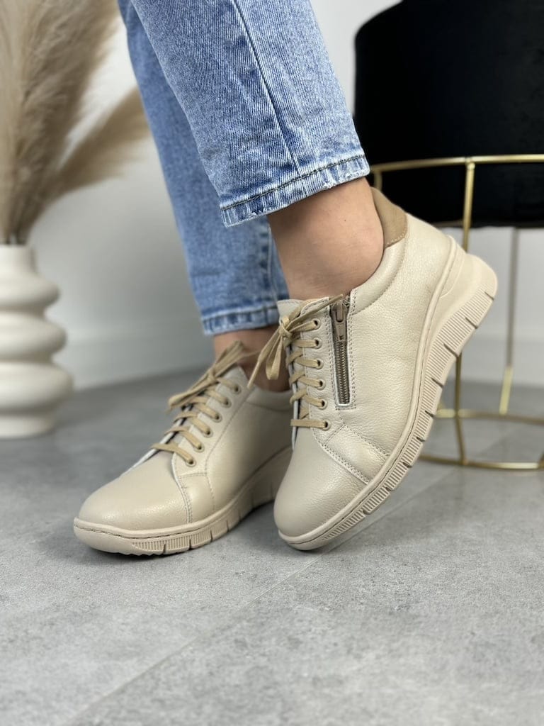 Beżowe Sneakersy Skórzane WASAK 0703- Wygodne Buty Damskie - Na wiosnę