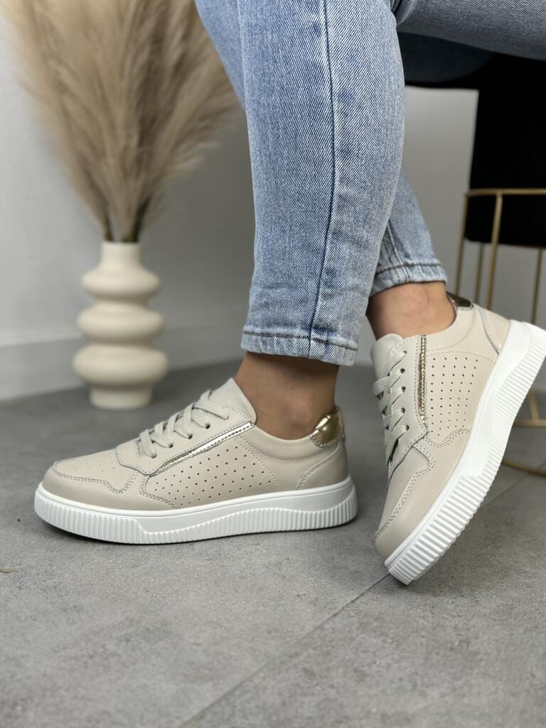 Beżowe Sneakersy Skórzane Damskie – GOODIN GD-XF-80 Beige/Gold - Styl miejski