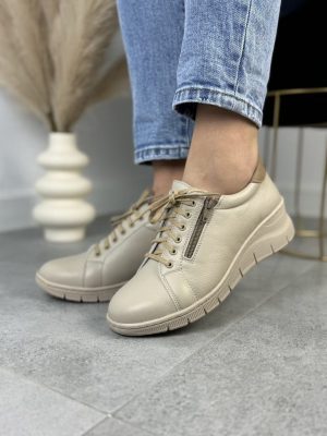 Beżowe Sneakersy Skórzane WASAK 0703- Wygodne Buty Damskie - Styl casualowy