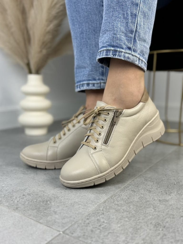 Beżowe Sneakersy Skórzane WASAK 0703- Wygodne Buty Damskie - Styl casualowy