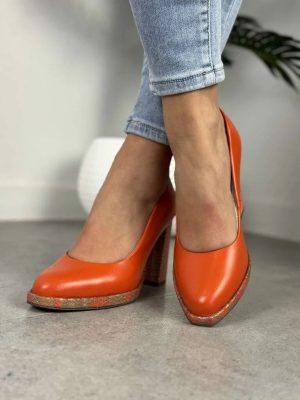 Pomarańczowe czółenka ze skóry – Czółenka damskie Laura Messi - Styl elegancki