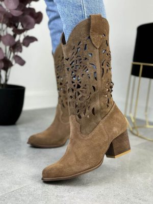 Brązowe Kozaki Ażurowe Na Słupku – Modne Buty Lewski 3322