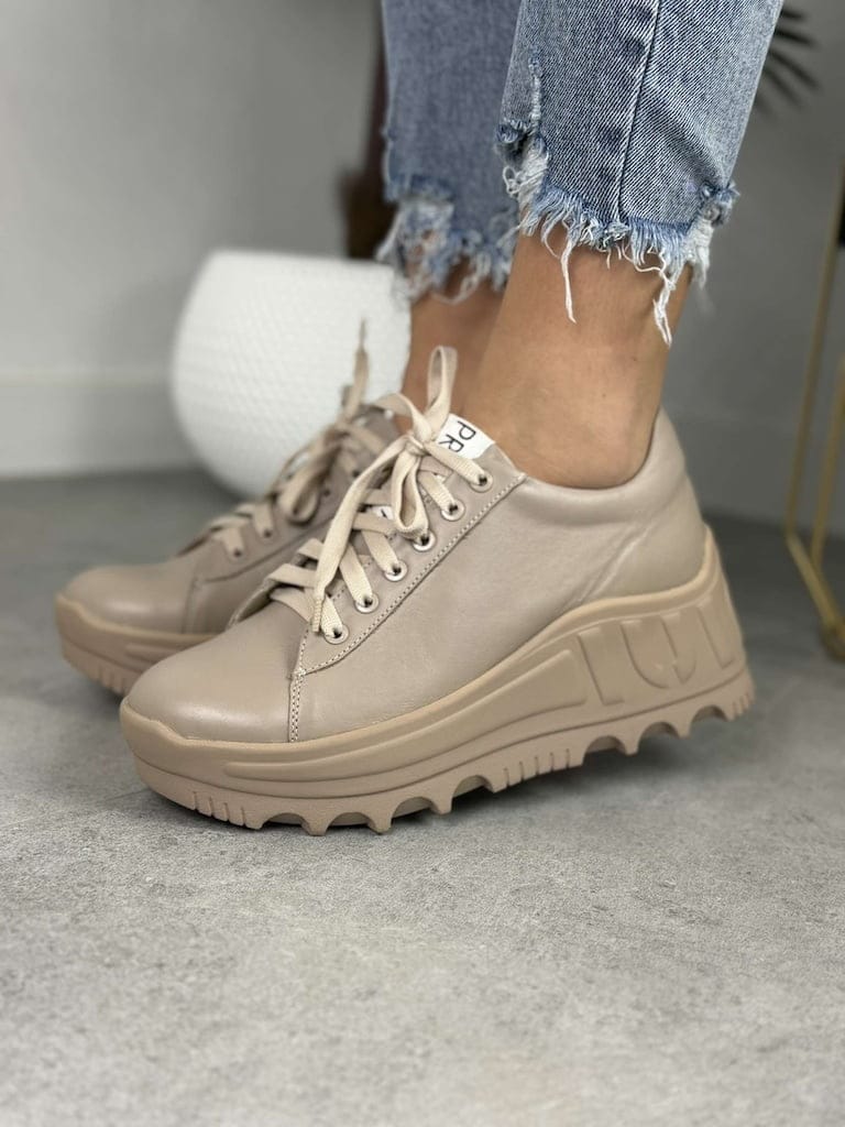 Beżowe Sneakersy Na Grubej Podeszwie – Buty Jesienne Damskie Eleganckie - Do sukienki
