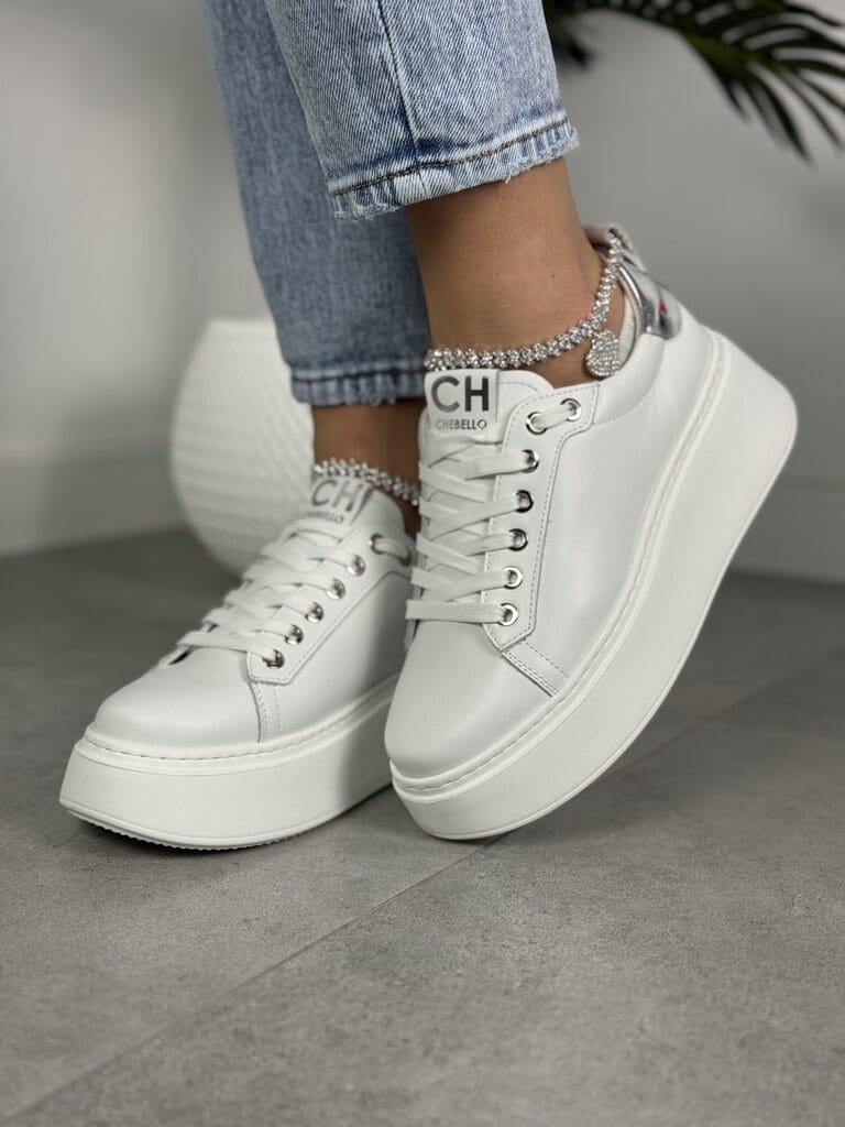 Sneakersy damskie skórzane – Modne buty na grubej podeszwie Chebello 4406 biały - Na lato