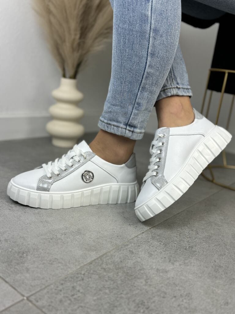 Białe Skórzane Sneakersy Damskie – GOODIN GD-XF-71 White/Silwer - Na lato