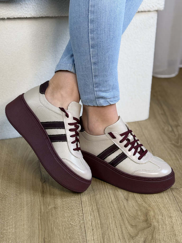 Sneakersy damskie GALANT 4032 półbuty sportowe skórzane beżowe na platformie - Do spodni
