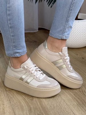 Beżowe sneakersy damskie GALANT 4032 półbuty sportowe skórzane na platformie - Na wiosnę