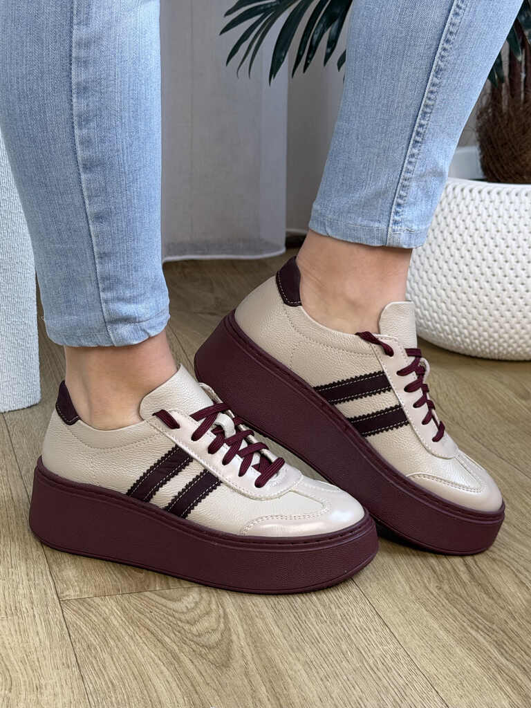 Sneakersy damskie GALANT 4032 półbuty sportowe skórzane beżowe na platformie - Na lato