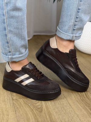 Sneakersy skórzane damskie na platformie czekoladowe Filipczyk F-190/3 - Na lato
