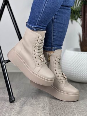Skórzane botki na platformie beżowe Vinceza 66701 - Styl casualowy