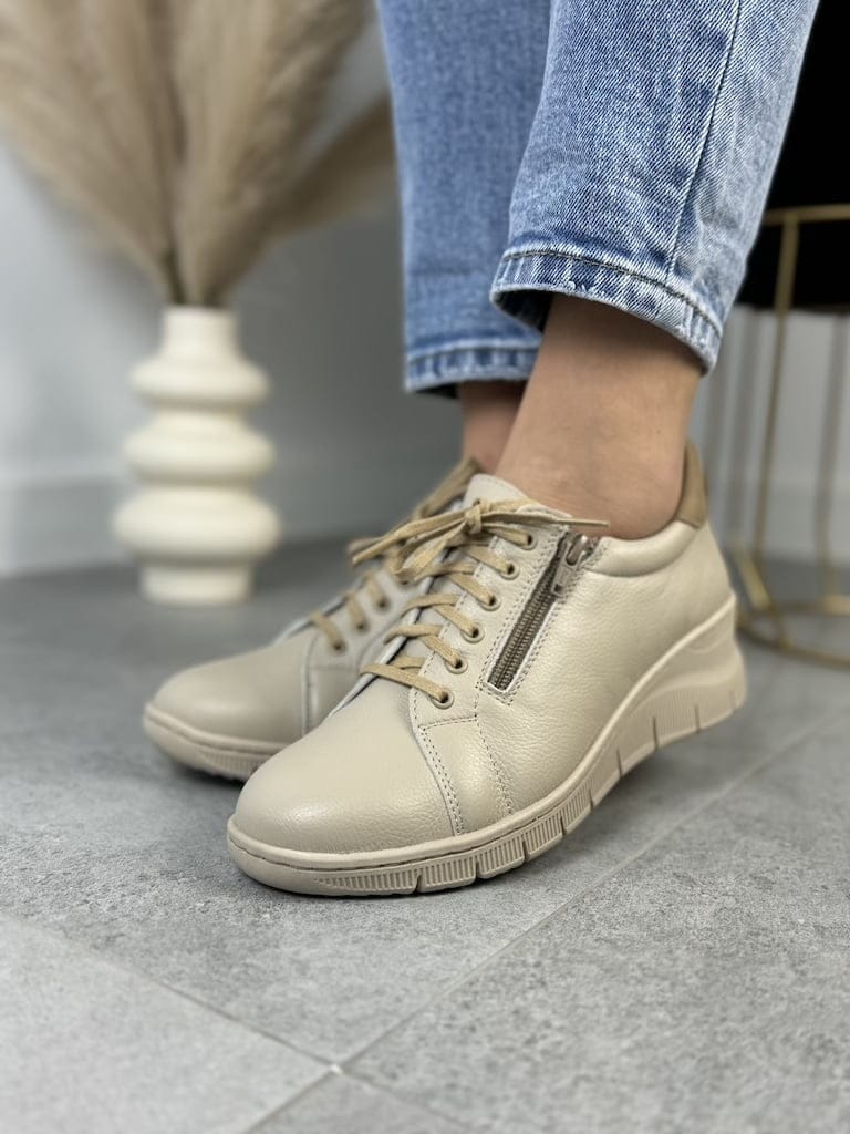 Beżowe Sneakersy Skórzane WASAK 0703- Wygodne Buty Damskie - Styl miejski