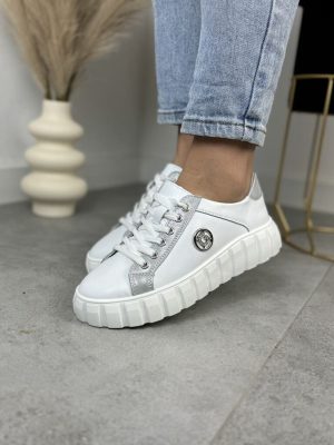 Białe Skórzane Sneakersy Damskie – GOODIN GD-XF-71 White/Silwer - Styl sportowy