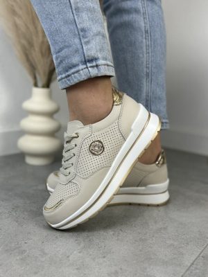 Skórzane Sneakersy Damskie Beżowe GOODIN GD-XF-64 Beige - Do jeansów