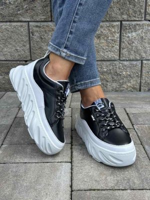 Sneakersy damskie czarne na grubej podeszwie ze skóry ekologicznej Lee Cooper 2713L - Styl klasyczny