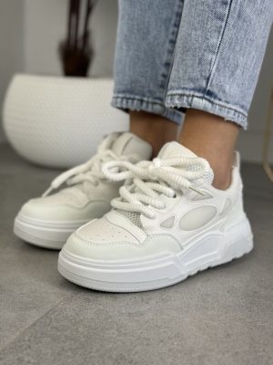 Buty sportowe na grubej podeszwie białe – Wygodne sneakersy damskie 7566 White